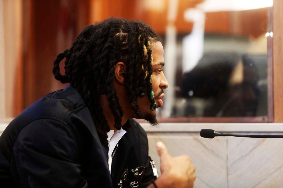 Ja Morant answers questions under oath during a hearing about his involvement in an incident at his home on Monday December 11, 2023 at Shelby County Circuit Court in Memphis,Tenn.