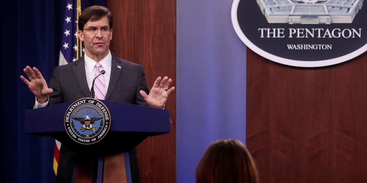 U.S. Defense Secretary Mark Esper takes questions during a news conference at the Pentagon in Arlington, Virginia, U.S., April 14, 2020. REUTERS/Jonathan Ernst