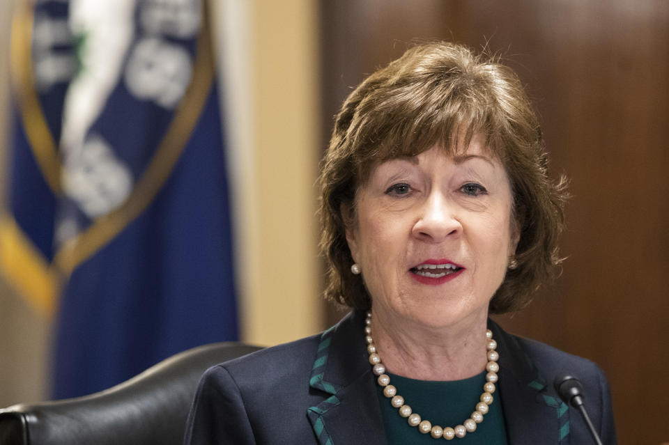 Senate Special Committee on Aging Chair Sen. Susan Collins, R-Maine, speaks during a hearing to examine caring for seniors amid the COVID-19 crisis on Capitol Hill, Thursday, May 21, 2020, in Washington. (AP Photo/Manuel Balce Ceneta)