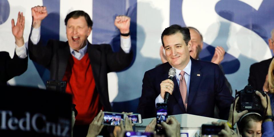 Ted Cruz speaks to supporters after winning the 2016 Iowa Republican caucuses