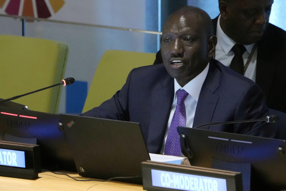 William Samoei Ruto, President of the Republic of Kenya, addresses the United Nations Sustainable Development Forum, Monday, Sept. 18, 2023. (AP Photo/Richard Drew)