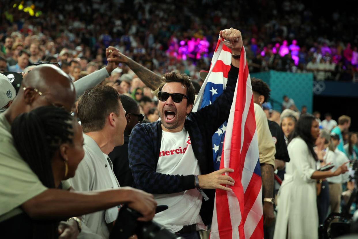 paris, france august 10 jimmy fallon us comedian and host celebrates after the mens gold medal game between france and united states on day fifteen of the olympic games paris 2024 at bercy arena on august 10, 2024 in paris, france photo by christina pahnke sampicsgetty images