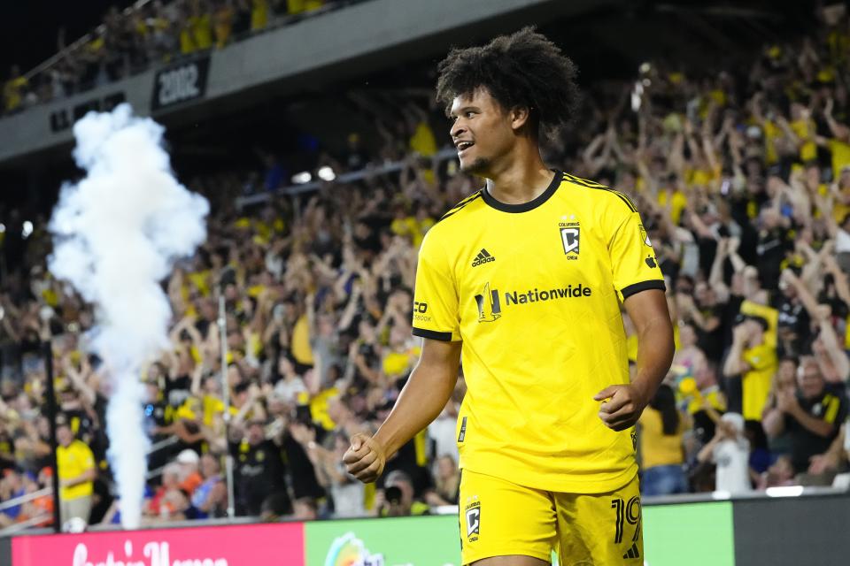 Crew forward Jacen Russell-Rowe celebrates scoring a goal during a 2023 home game FC Cincinnati, which the Crew won 3-0.