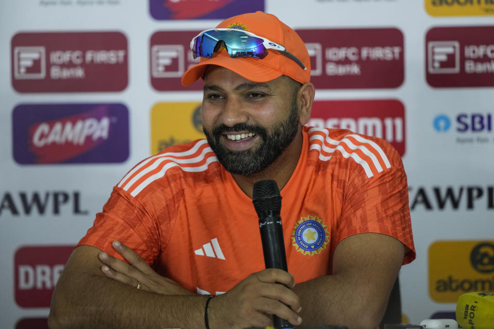 India's captain Rohit Sharma addresses the media ahead of their first cricket test match against England in Hyderabad, India, Wednesday, Jan. 24, 2024. (AP Photo/Mahesh Kumar A.)