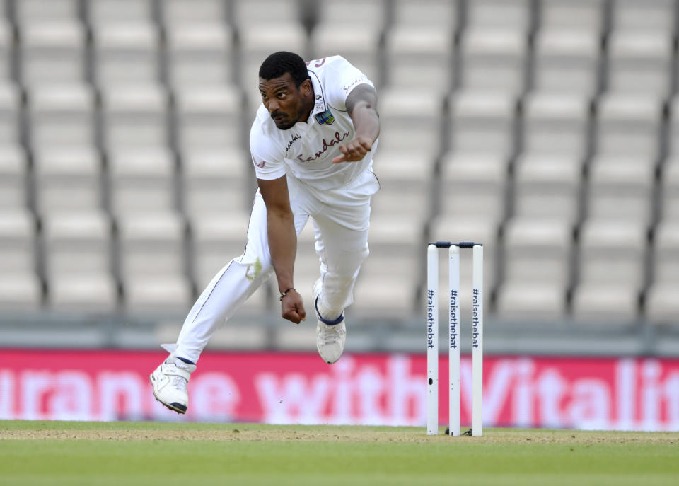 West Indies' Shannon Gabriel bowls during the second day of the first cricket Test match between England and West Indies, at the Ageas Bowl in Southampton, England, Thursday, July 9, 2020. (Mike Hewitt/Pool via AP)