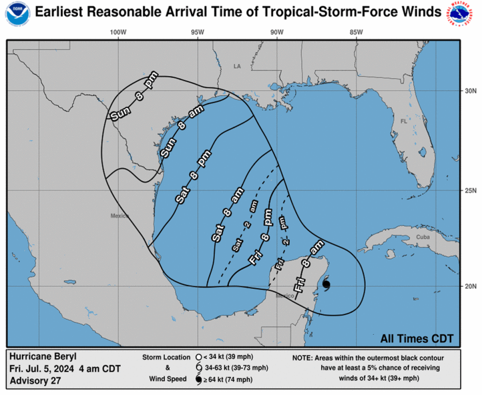 Map shows arrival time of tropical storm force winds (NHC)