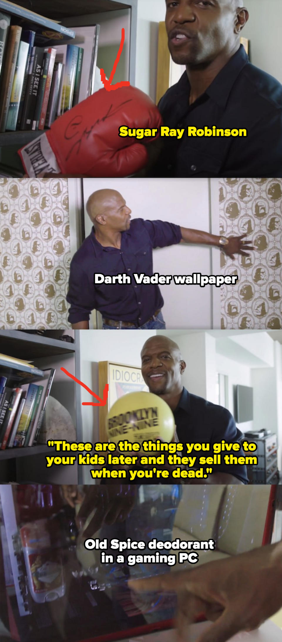 Terry Crews showing his many collectibles