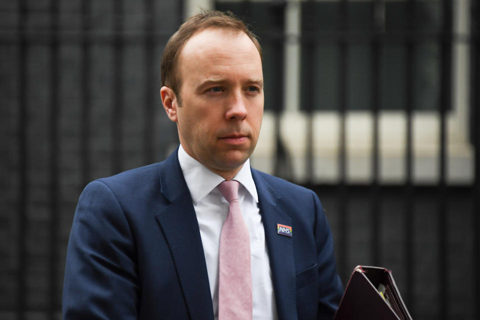 Britain's Health Secretary Matt Hancock leaves 10 Downing Street after attending a press conference on March 3, 2020 in London, England. Prime Minister Boris Johnson is announcing plans for combating the spread of the new COVID-19 coronavirus in the UK.  (Photo by Alberto Pezzali/NurPhoto via Getty Images)