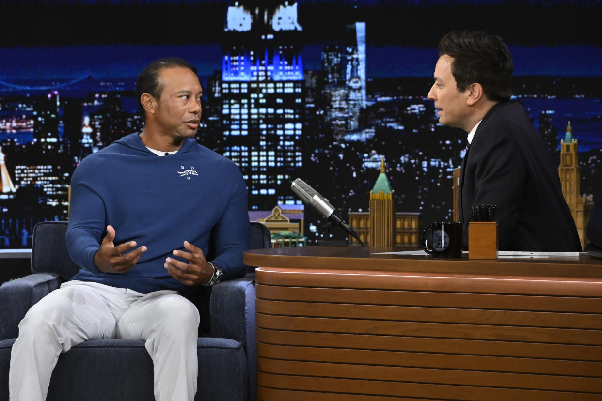 THE TONIGHT SHOW STARRING JIMMY FALLON -- Episode 1963 -- Pictured: (l-r) Pro golfer Tiger Woods during an interview with host Jimmy Fallon on Tuesday, April 30, 2024 -- (Photo by: Todd Owyoung/NBC via Getty Images)
