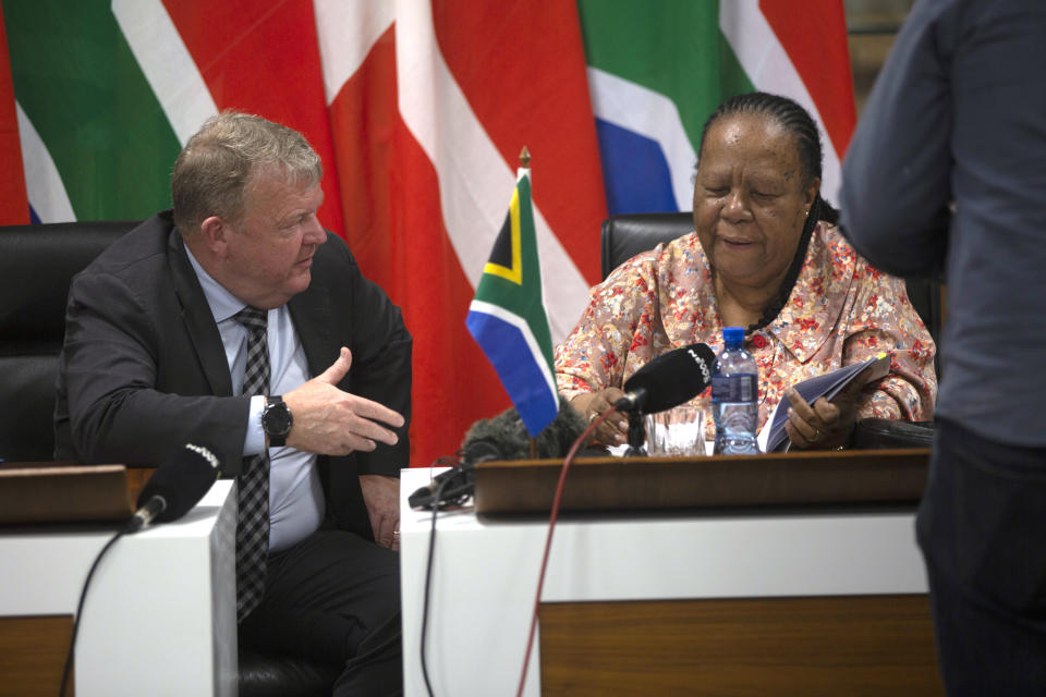 Denmark's Foreign Minister Lars Locke Rasmussen, left, and his South African counterpart Naledi Pandor, right meet in Pretoria, South Africa Tuesday March 5, 2024. The two met for political consultation on Rasmussen two-day visit to the country. (AP Photo/Denis Farrell)