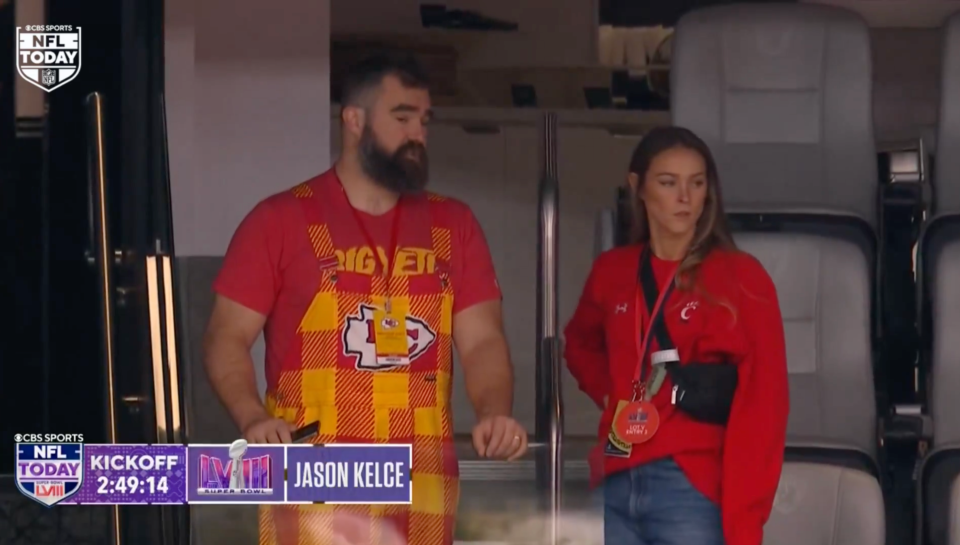 Kylie attended Super Bowl 58 Sunday night with her husband, Philadelphia Eagles center Jason Kelce, and wore a red University of Cincinnati Bearcats shirt.