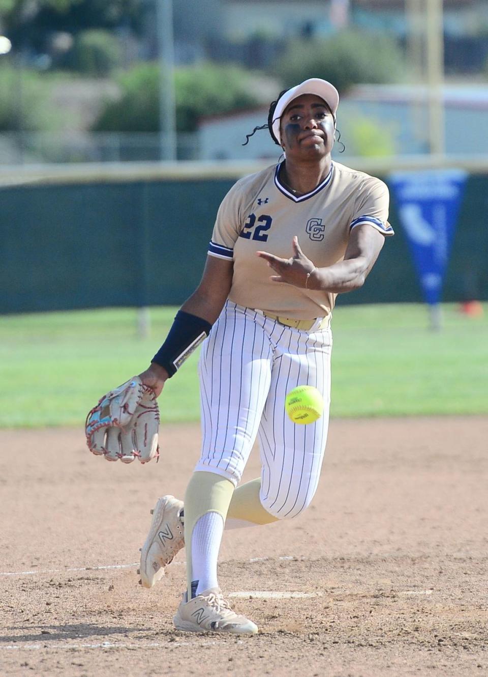 Central Catholic pitcher Emry Couch (22) delivers a pitch during a game between Oakdale and Central Catholic at Oakdale High School in Oakdale, Calif. on April 17, 2024. Central Catholic won 6-2.