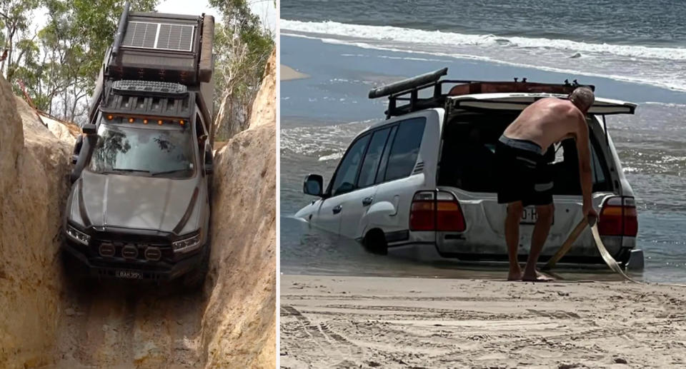 Left: 4WD on steep decline at Gunshot Creek crossing. Right: Man attempting to pull bogged 4WD out of sand. 