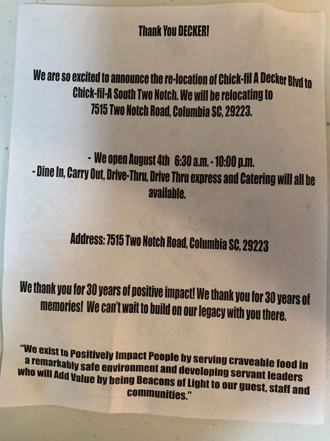 A copy of a flier that Chick-fil-A customers have been receiving at the 2600 Decker Blvd. location. That Chick-fil-A is moving to 7515 Two Notch Road on Aug. 4.