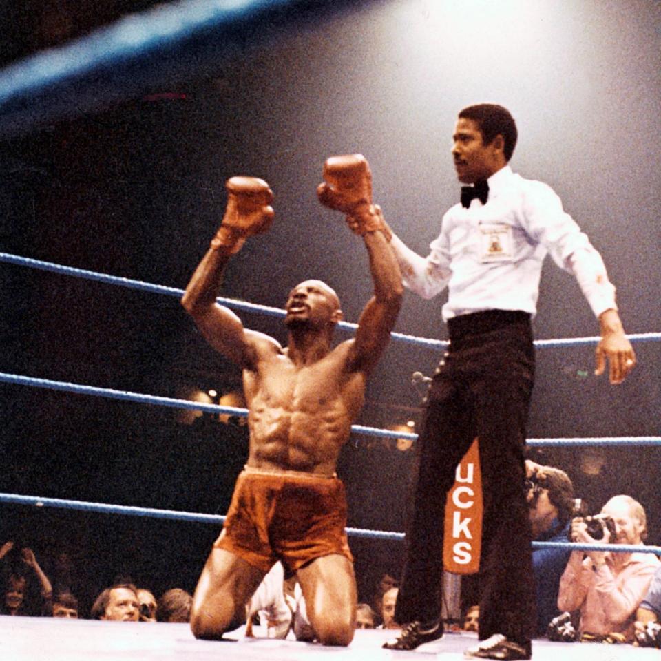 Marvin Hagler after beating Alan Minter at Wembley Arena in 1980 - The Ring Magazine via Getty Images