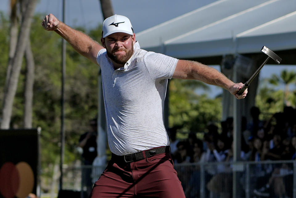 FILE -Grayson Murray celebrates winning the Sony Open golf event, Sunday, Jan. 14, 2024, at Waialae Country Club in Honolulu. Two-time PGA Tour winner Grayson Murray died Saturday morning, May 25, 2024 at age 30, one day after he withdrew from the Charles Schwab Cup Challenge at Colonial. (AP Photo/Matt York, File)