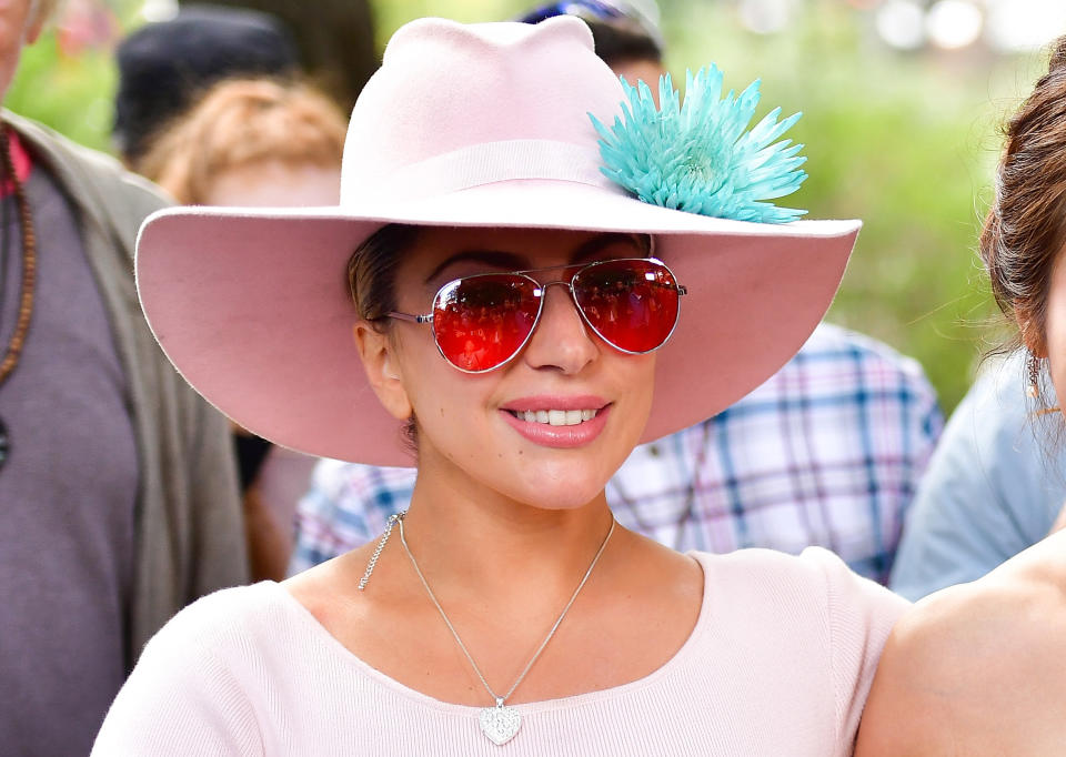 Lady Gaga visits Strawberry Fields in Central Park on October 24, 2016, in New York City.