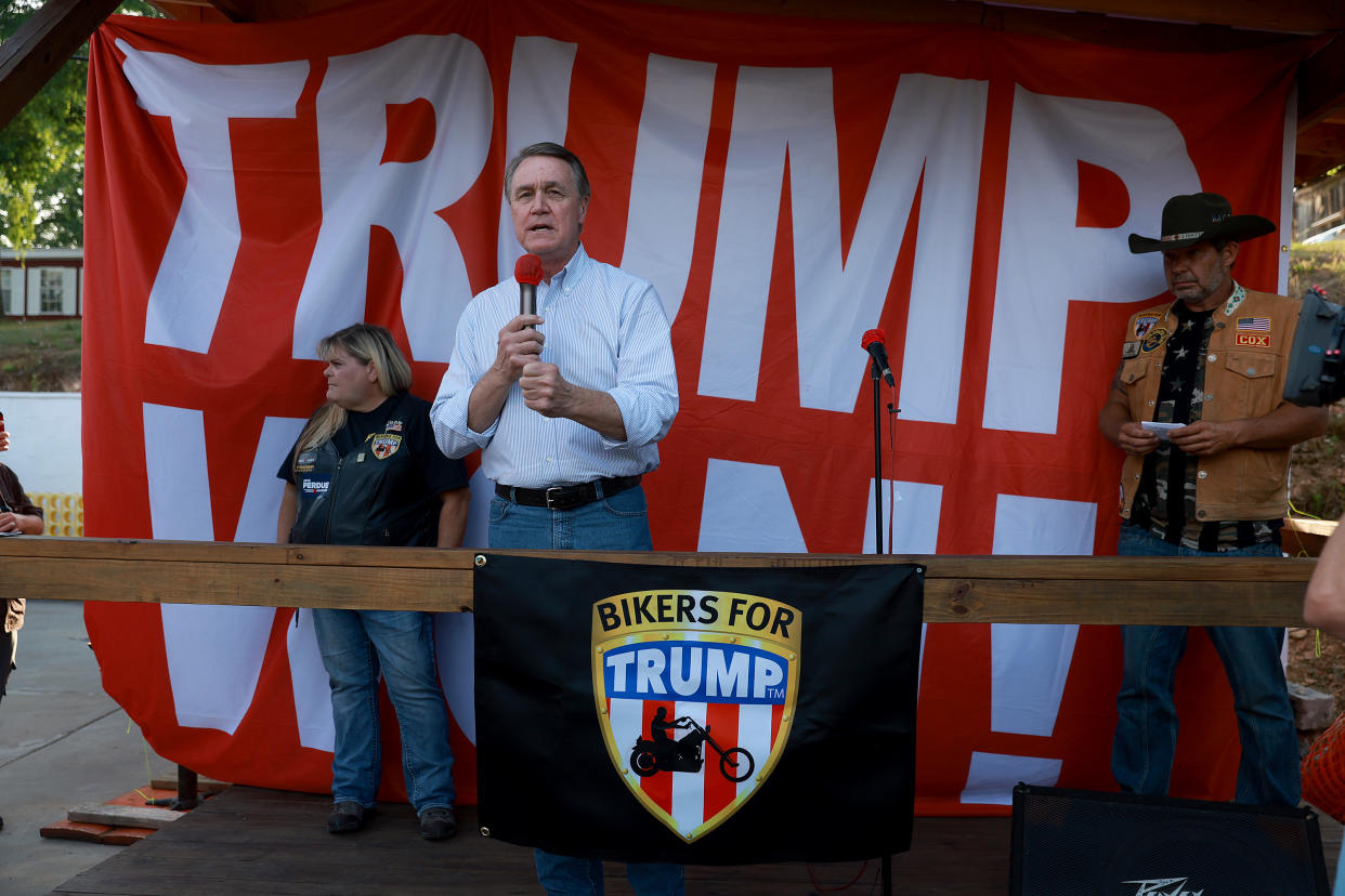 PLAINVILLE, GEORGIA - MAY 20: Republican Gubernatorial candidate David Perdue speaks during a Bikers for Trump campaign event held at the Crazy Acres Bar & Grill on May 20, 2022 in Plainville, Georgia. Former U.S. Sen. David Perdue (R-GA) is running to unseat Georgia Gov. Brian Kemp during the state's Republican gubernatorial primary. (Photo by Joe Raedle/Getty Images)