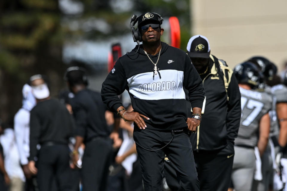 BOULDER, CO - SEPTEMBER 30: Head coach Deion Sanders of the Colorado Buffaloes looks on from the sideline in the third quarter against the USC Trojans at Folsom Field on September 30, 2023 in Boulder, Colorado. (Photo by Dustin Bradford/Getty Images)