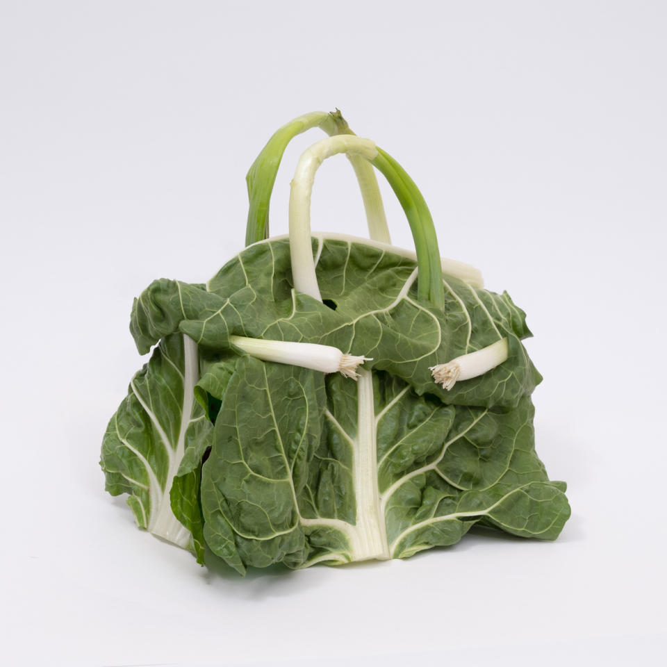 a photo of a birkin bag made from cabbage against a white background