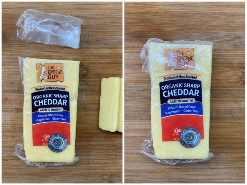 A split image of a block of cheese with the plastic top cut off (left) and replaced to create a seal (right).