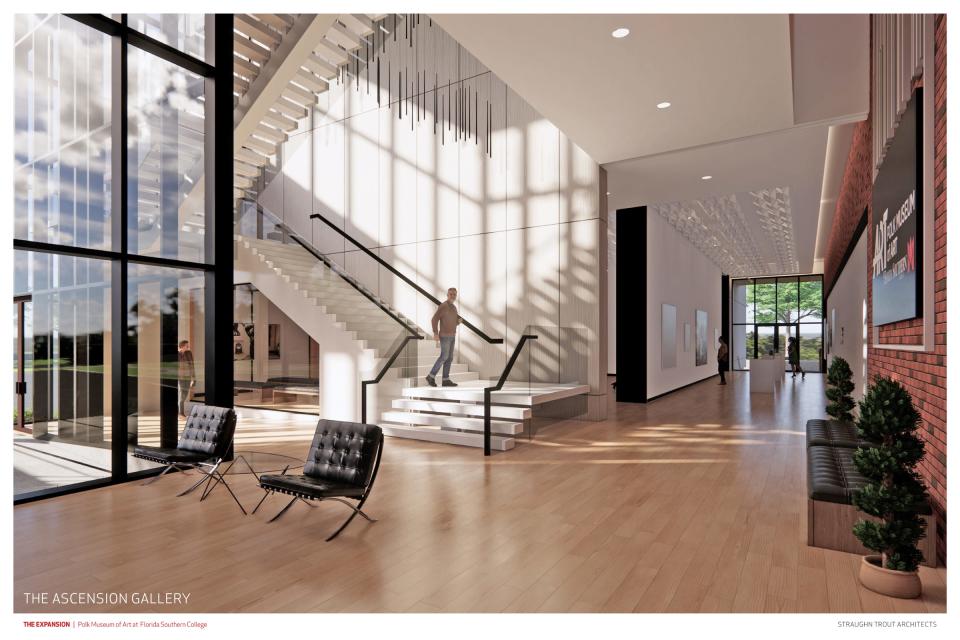 An artist's rendering shows the Ascension Gallery and a staircase in the new wing of the Polk Museum of Art at Florida Southern College. The expansion will yield second-floor galleries.