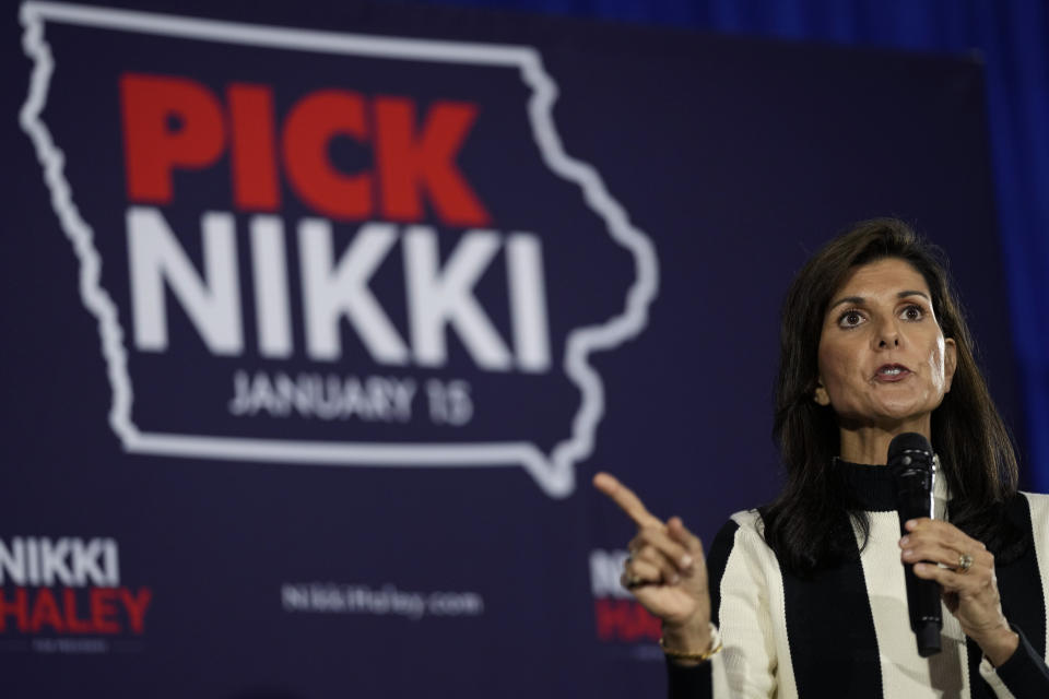 FILE - Republican presidential candidate Nikki Haley speaks during a town hall, Friday, Dec. 8, 2023, in Sioux City, Iowa. Former President Donald Trump was the first choice of 51% of likely Iowa caucus participants in a Des Moines Register-NBC News-Mediacom Iowa Poll published Monday, Dec. 11. Florida Gov. Ron DeSantis, who has vowed that he will win Iowa, had the support of 19%. Former United Nations Ambassador Nikki Haley, who has suggested she can beat DeSantis in the state and go head to head with Trump in later primaries, was at 16%. (AP Photo/Charlie Neibergall, File)