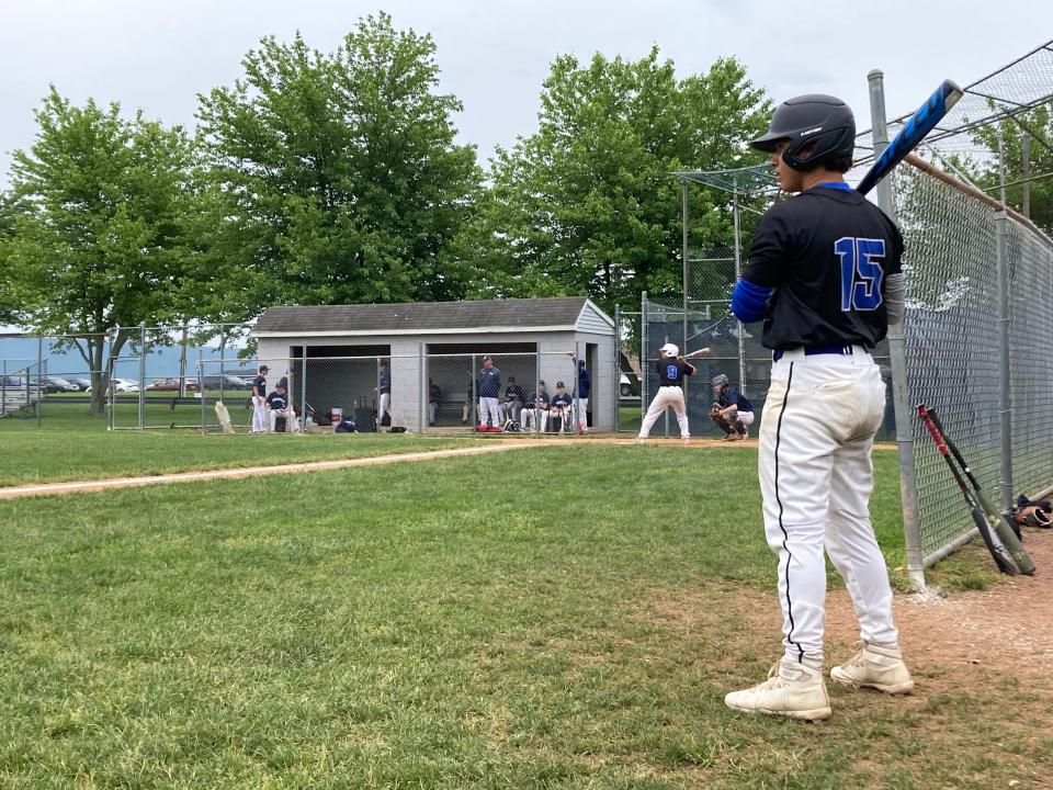 Bensalem's Richi Sanchez waits in the on-deck circle as teammate Jack Petrasso bats during the fourth inning Saturday.