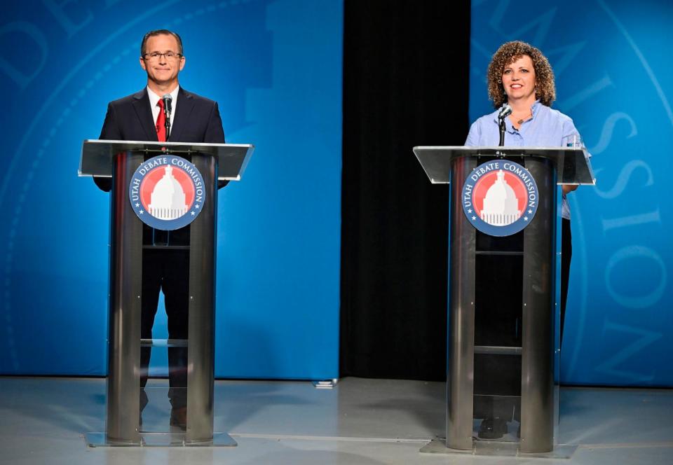 PHOTO: Rep. Celeste Maloy and Colby Jenkins look on during Utah's 2nd Congressional district debate, June 10, 2024, in Salt Lake City.  (Scott G. Winterton/The Deseret News via AP, Pool)