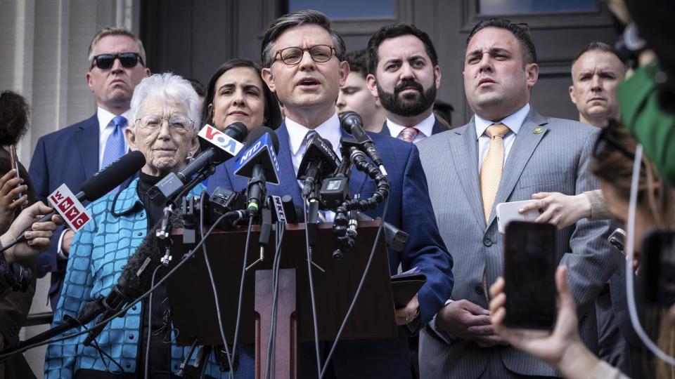 US Speaker Mike Johnson speaks to the media at Columbia University