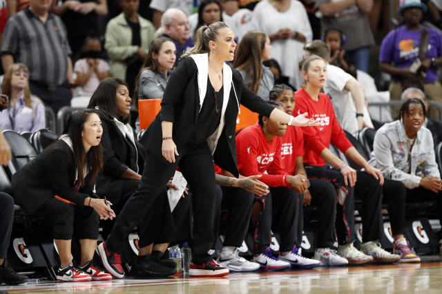 Las Vegas Aces head coach Becky Hammon gestures during her WNBA coaching debut against the Phoenix Mercury at Footprint Center in Phoenix on May 6, 2022. (Chris Coduto/Getty Images)