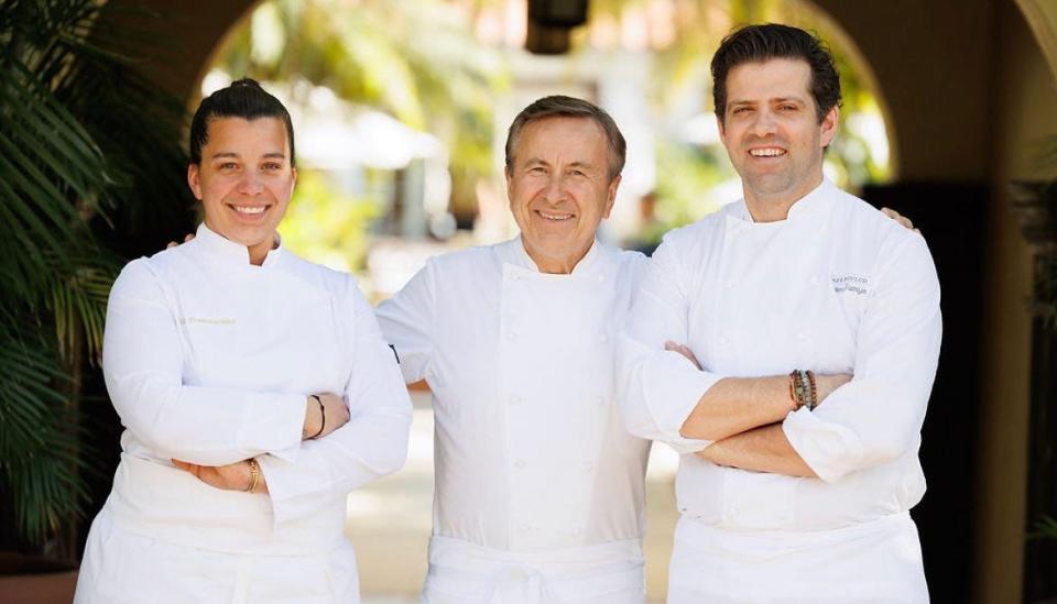 Café Boulud executive chef Dieter Samijn, right, with famed chef-restauateur Daniel Boulud and pastry chef Julie Franceschini.