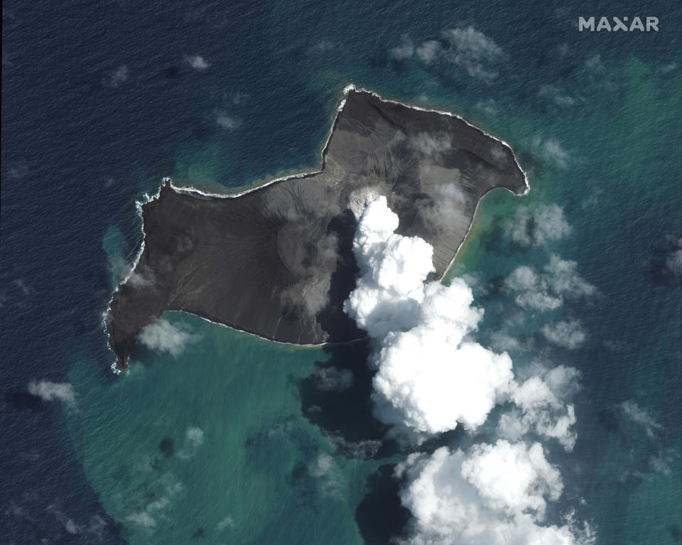 This satellite image provided by Maxar Technologies shows an overview of Hunga Tonga Hunga Ha’apai volcano in Tonga on Jan. 6, 2022, before a huge undersea volcanic eruption. (Satellite image ©2022 Maxar Technologies via AP)