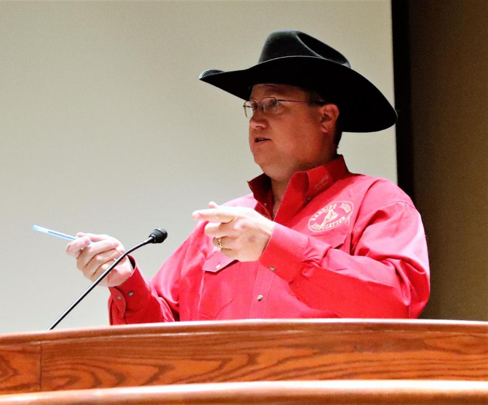 Redding Rodeo Association President Bennett Gooch addresses the City Council on Wednesday, Nov. 10, 2021, about the future of riverfront development.