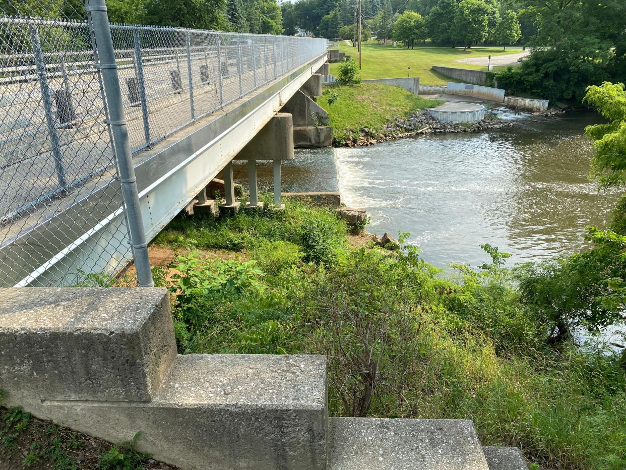 The area under the south end of the North Evans Street bridge in Tecumseh is pictured Thursday. Watercraft users have carved a path through that area as a portage around the Red Mill Pond dam. The Lenawee County Drain Commissioner's Office is preparing a repair and realignment project for the dam's auxiliary spillway. Along with that project, the county has asked the Tecumseh City Council if it would fund a $161,000 project to create a proper kayak and canoe portage around the south end of the dam.