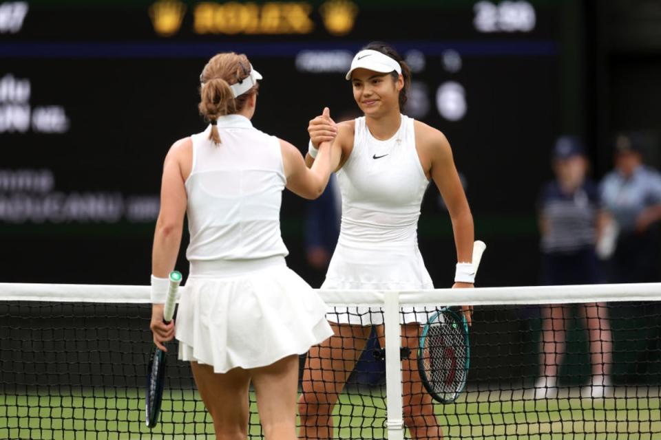 Raducanu shakes hands with Sun after her fourth-round defeat (Getty Images)