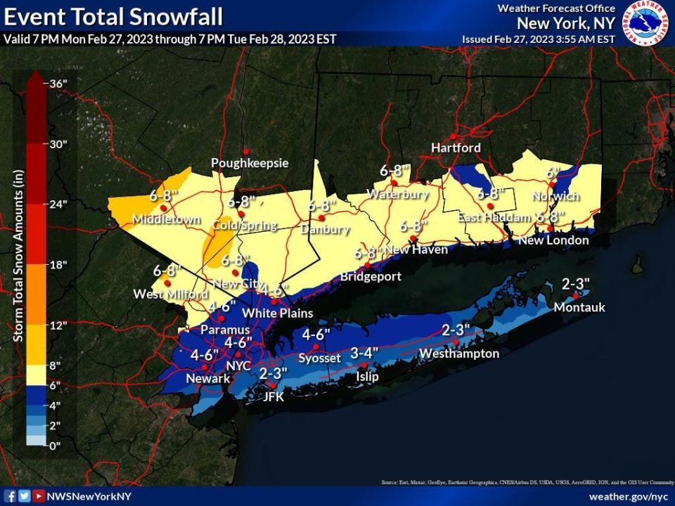 The snowfall predictions for North Jersey on Feb. 27, 2023.
