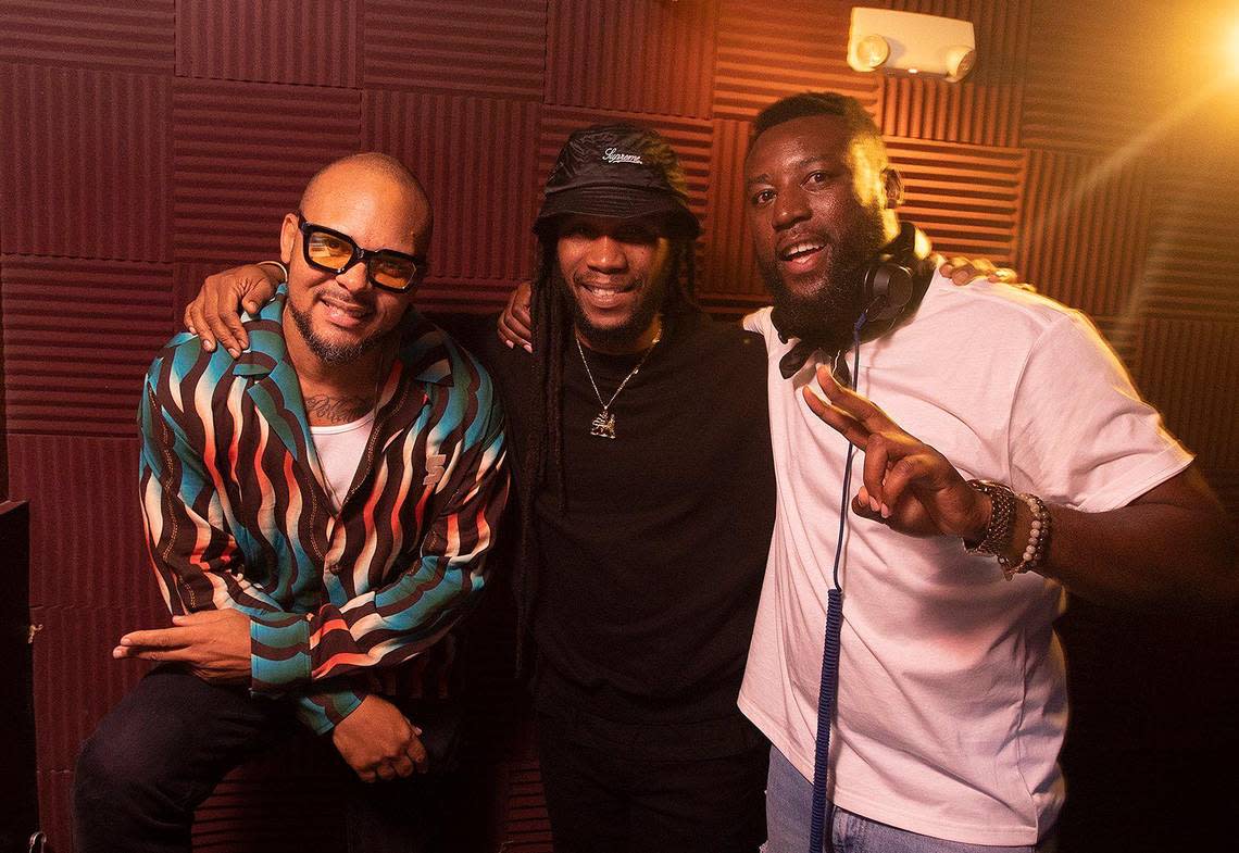 From left, DJ Walshy Fire, DJ Jason Panton and DJ Leslie “Aya” Ayafor pose at Red Rooster Overtown’s The Shrine party.