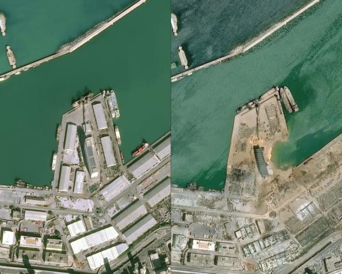 Satellite images show Beirut's port before and after Tuesday's massive blast (AFP Photo/-)