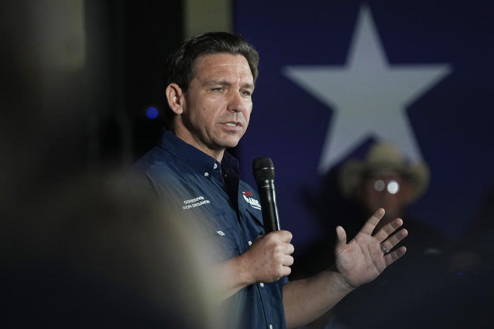 Republican presidential candidate Florida Gov. Ron DeSantis speaks during a town hall meeting in Eagle Pass, Texas, Monday, June 26, 2023. (AP Photo/Eric Gay)