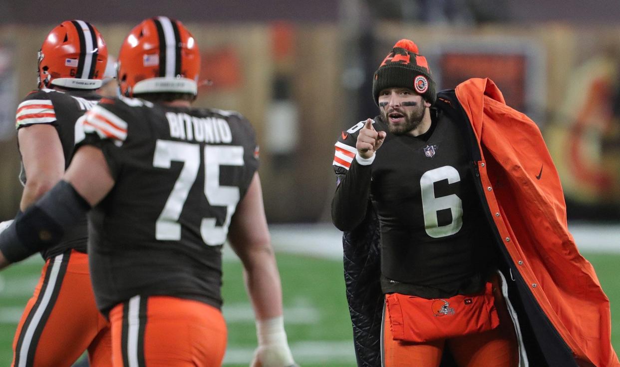 Browns offensive lineman Joel Bitonio (75) says the team has faith in quarterback Baker Mayfield (6). [Jeff Lange/Beacon Journal]