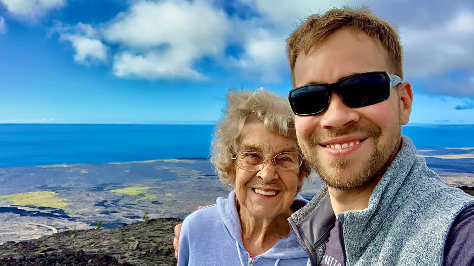 Grandma Joy and her grandson Brad Ryan, at Hawaii Volcanoes National Park, spent eight years traveling to all 63 US National Parks. - @grandmajoysroadtrip