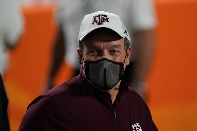 Texas A&M Aggies head coach Jimbo Fisher before facing the North Carolina Tar Heels in the 2021 Orange Bowl at Hard Rock Stadium in Miami on Saturday, January 2, 2021. Photo by Hans Deryk/UPI