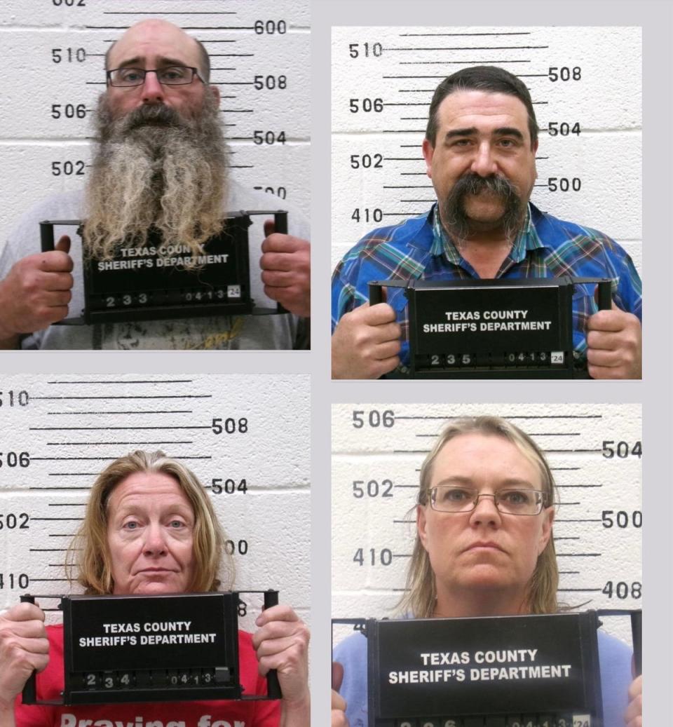 Tad Bert Cullum, 43, Tifany Machel Adams, 54, Cole Earl Twombly, 50 and Cora Twombly were arrested and charged with murder in connection with the disappearance of Veronica Butler, 27, and Jilian Kelley, 39. (Texas County Sheriff’s Department)