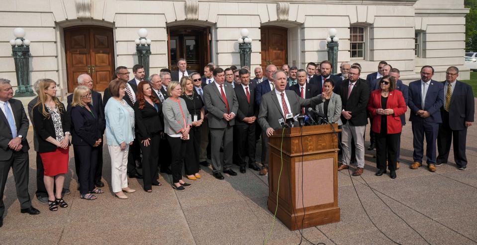 Assembly Speaker Robin Vos and other members of the Assembly seen during the Assembly Republican presser discussing the shared bipartisan revenue proposal giving more state aid to local communities May 17, 2023, at the State Capitol in Madison.