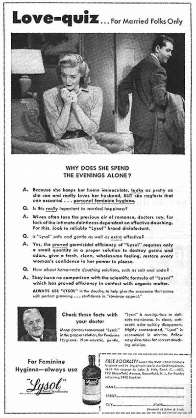 來蘇爾早年廣告，上方標題寫「愛的測驗」，下方以問答形式推廣陰道灌洗對婚姻美滿的重要，甚至請來醫生背書。（Bill Bradford@flickr）