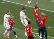 <p>Spain’s Gerard Pique is penalised for a handball in the box </p>