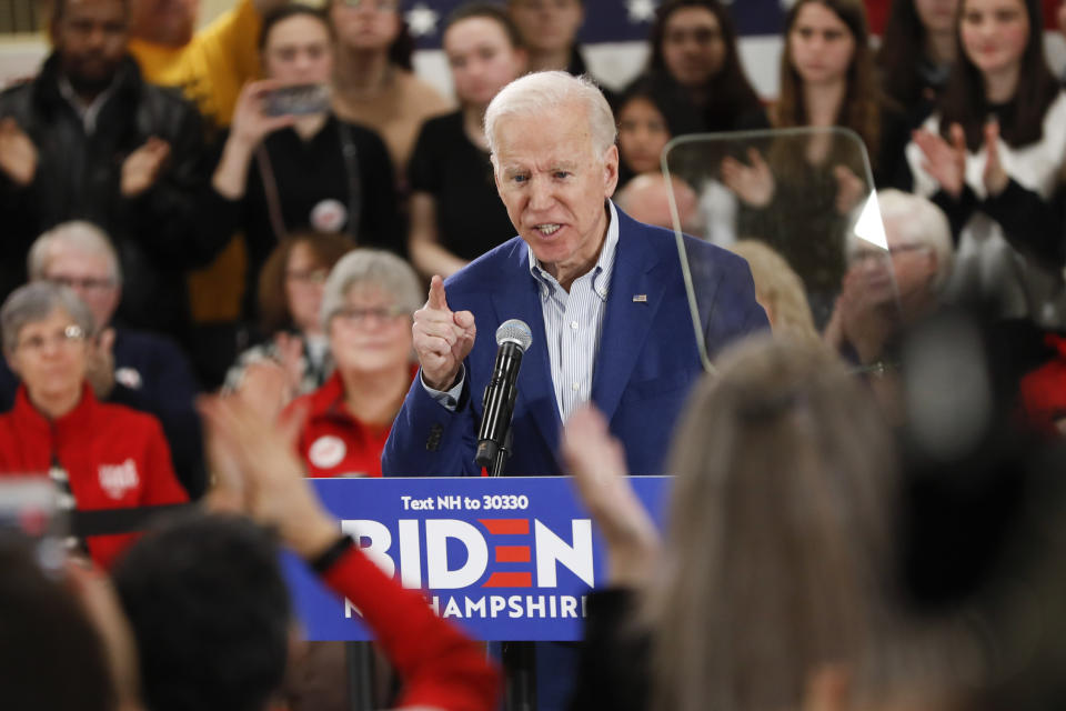 Democratic presidential candidate former Vice President Joe Biden speakings to supporters at St. George Greek Orthodox Cathedral, Monday, Feb. 10, 2020, during a campaign event in Manchester, N.H. (AP Photo/Pablo Martinez Monsivais)