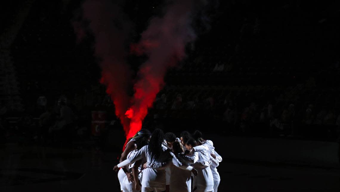 The Gamecocks huddle before taking on Alabama in the Colonial Life Arena in Columbia, SC.