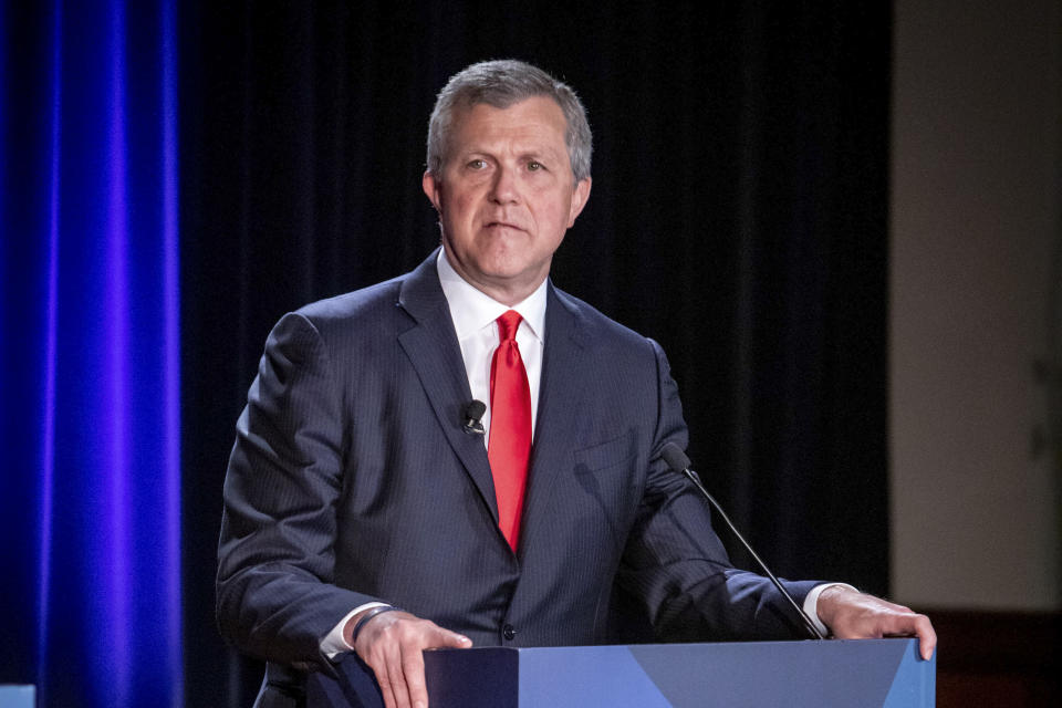Michigan Republican candidate for governor Kevin Rinke, of Bloomfield Township, appears at a debate in Grand Rapids, Mich., Wednesday, July 6, 2022. (Michael Buck/WOOD TV8 via AP)